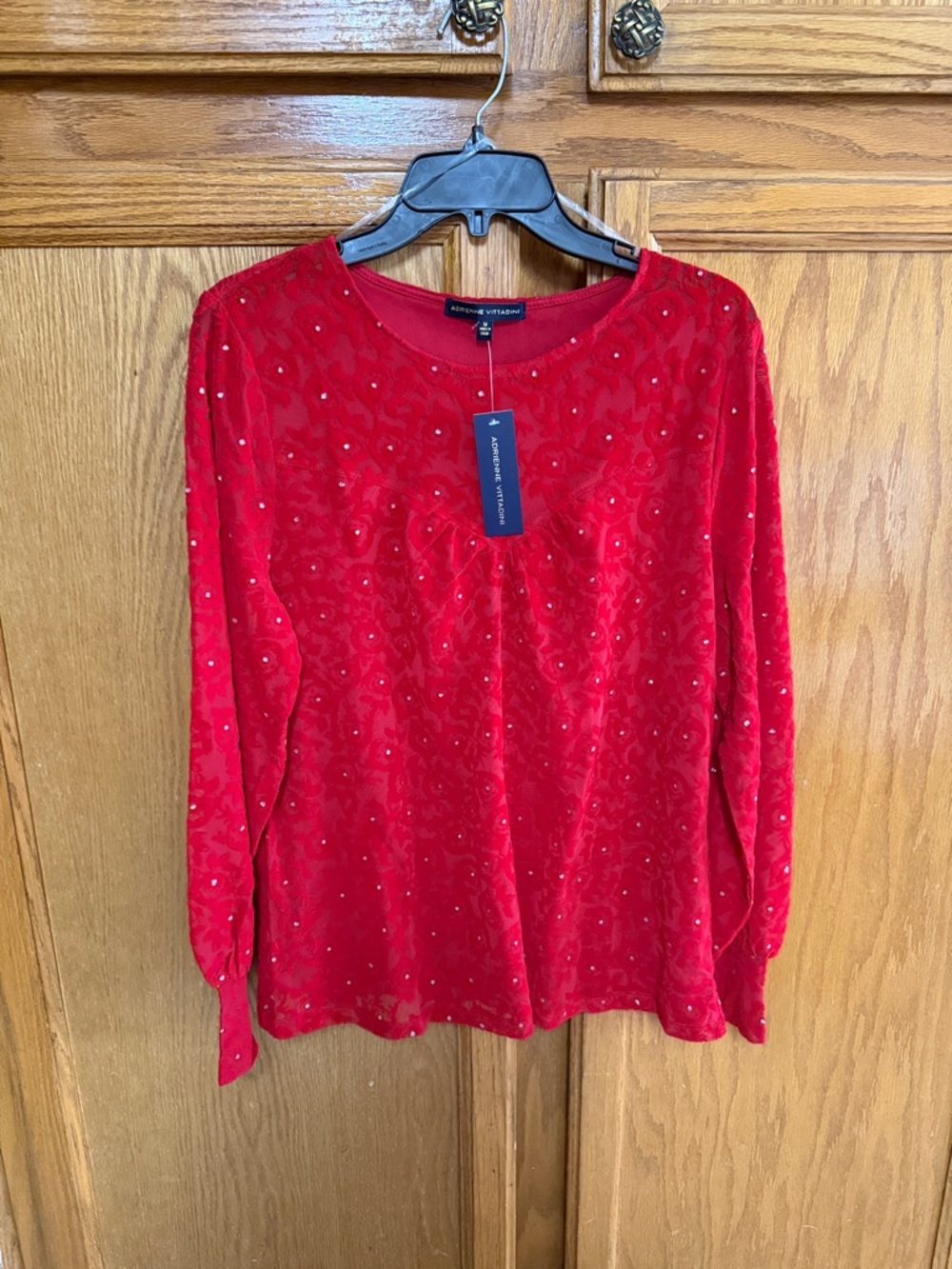 Adrienne Vittadini Red Jeweled Velvet Crewneck Sweatshirt